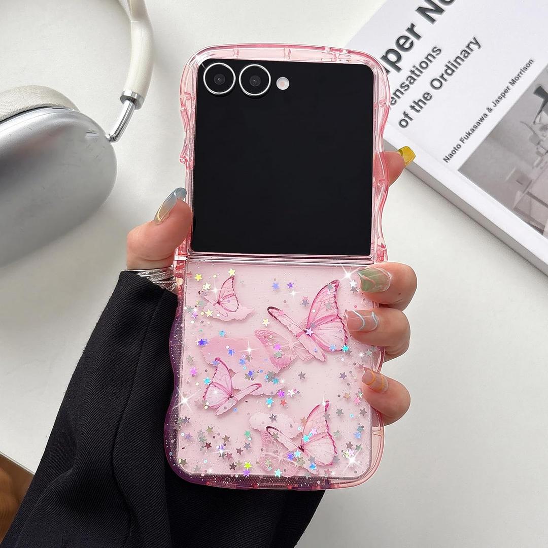 UEEBAI Wave Butterfly Case for Samsung Galaxy Z Flip 7 5G Case, Pretty Bling Star Butterfly Cute Shiny Glitter Phone Cover for Girls Bling Clear Cover Curly Shockproof Girly - Pink