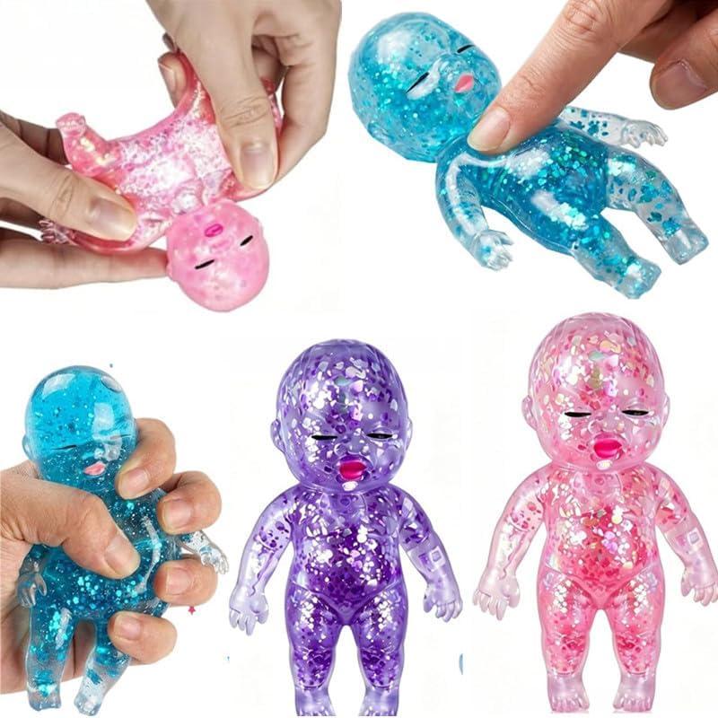 3PCS Squishy Babies Glitter Squeeze, Sensory Squishy with Slow Rebound Satisfying Feel, Fidget Toys for Desk Office Use, Stress Anxiety Relief (Blue red Purple)