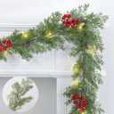 Prelit & Timer - 6 Ft Real Touch Christmas Cedar Garland with Lights, Lighted Christmas Garland for mantle Table Holiday, Soft Greenery Pine Cypress Garlands Pinecone Berry Battery Operated Xmas Decor