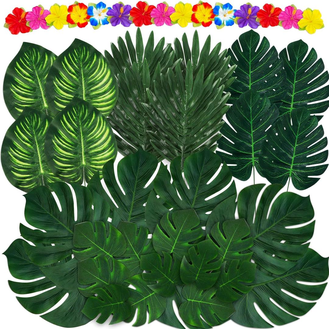 Moon Boat 120PCS Tropical Palm Leaves Plants Hibiscus Artificial-105Pcs 7 Kinds Green Fake Leaf+15pcs Flowers, Hawaiian/Luau/Safari Jungle Party Table Decorations