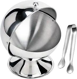 Sugar Bowl with Roll Top Stainless Steel Spherical Candies Bowl with 4.3 Inch Sugar Tong Stainless Sugar Clip for Kitchen Coffee Bar Beverage Household