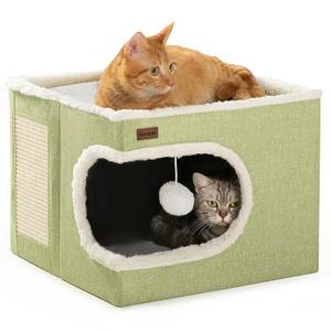 Garnpet Cat Bed for Indoor Cats Cube House, Covered Cat Cave Beds & Furniture with Scratch Pad and Hideaway Tent, Cute Modern Cat Condo for Multi Small Pet Large Kitten Kitty, Green