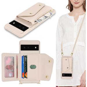 for Google Pixel 6 Case with Card Holder and Strap - Zipper Pocket,Crossbody Lanyard Strap,Credit Card Holder,Cute Phone Wallet Case for Women(Beige)