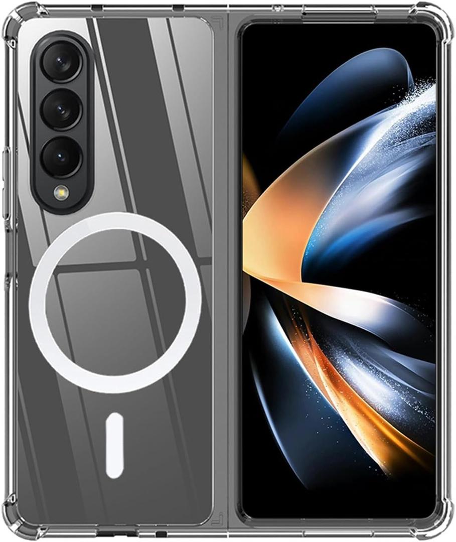 for Samsung Galaxy Z Fold 4 Magnetic Clear Case, Compatible with Wireless Charger and Magsafe Card Wallet, Simplistic Transparent Shockproof and Drop-Proof Case