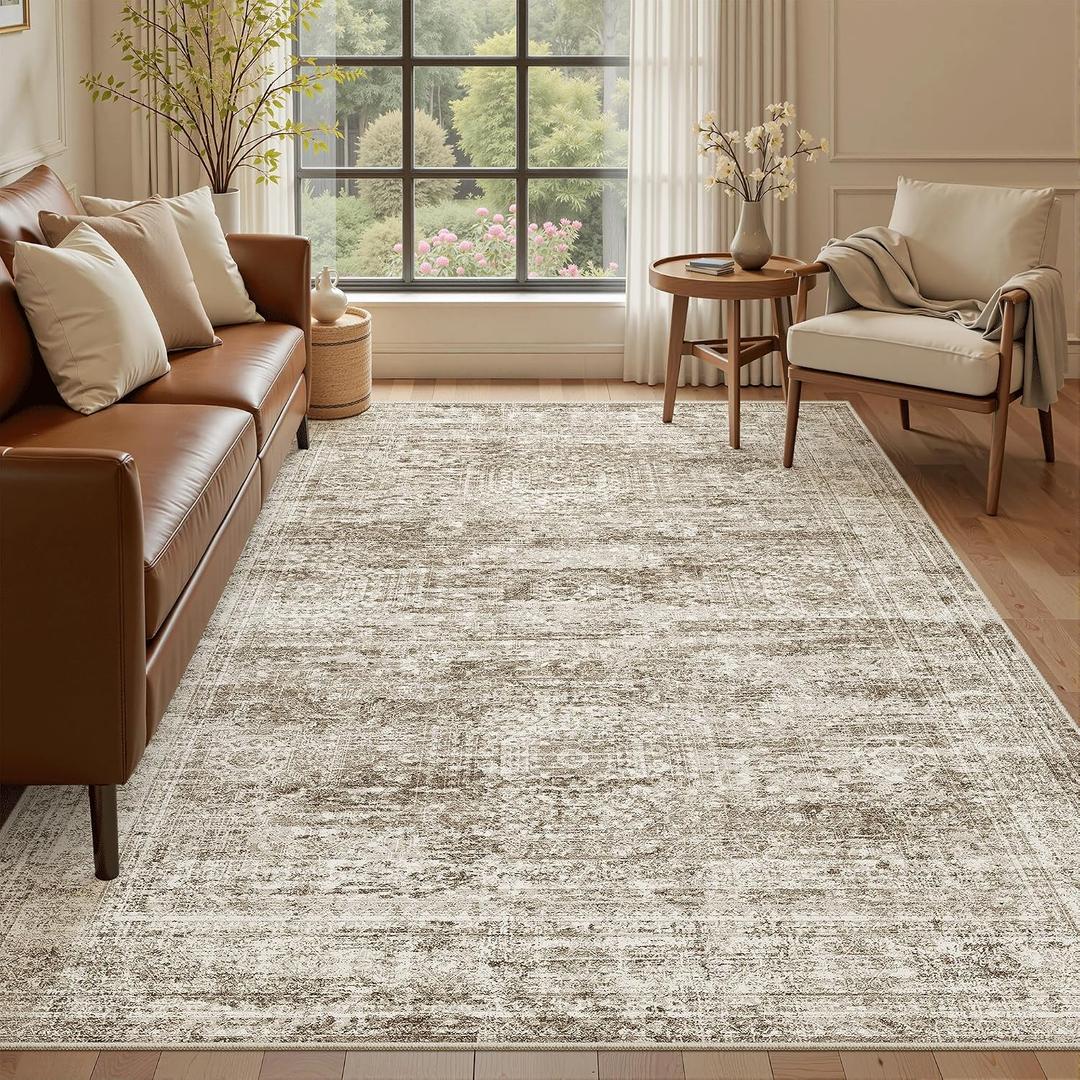 Soalmost 5x7 Area Rugs Brown Low Pile Indoor Washable Trendy Faded Style Rugs for Bedroom Living Room Dining Room Foldable Non-Slip Thin Print Mat