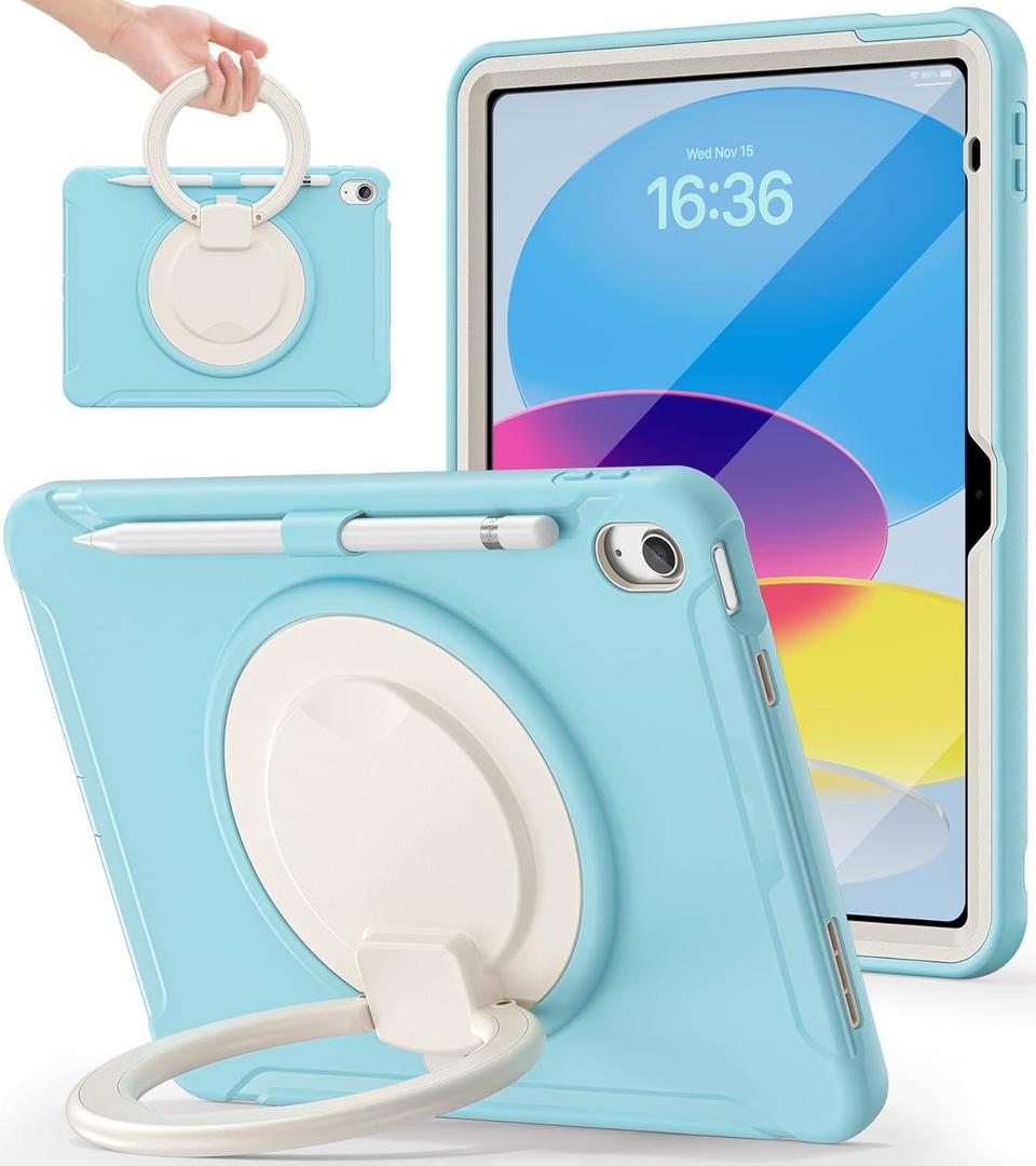 BATYUE Shockproof Case for iPad 10th Gen 10.9" 2022 / 11th Gen (A16) 11" 2025 | 360° Multi-Angle Stand (Portrait & Landscape) & Grip, Built-in Screen Protector, Pencil Holder, Frozen Blue