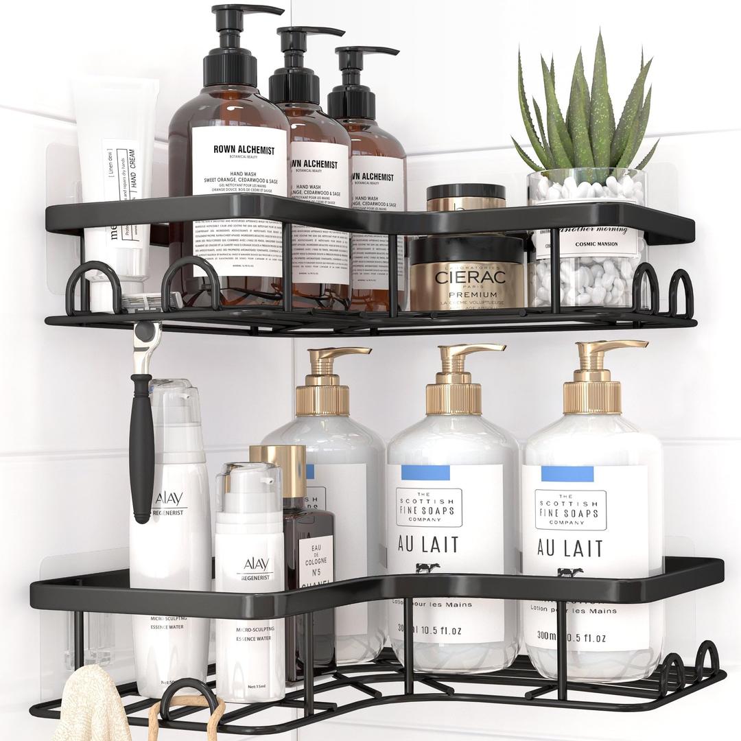 Sakugi Corner Shower Caddy - 2 Pack, Adhesive Shower Organizers, Rustproof Stainless Steel Shower Shelves with 8 Hooks, No Drilling Bathroom Organizers and Storage Racks, Space-Saving, Black, Medium