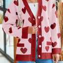 Saodimallsu Womens Oversized Heart Cardigan Color Block V Neck Button Long Sleeve Chunky Valentines Sweaters (Pink)