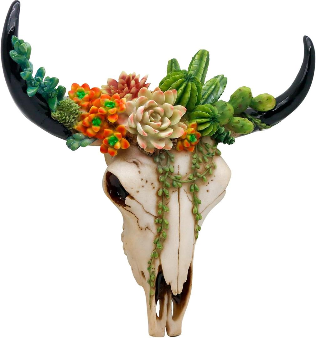 alikiki Rustic Western Home Decor - Tribal Wall Decor Western Long Horn Bull Skull Wall Decor Cow Buffalo Skull Bison Animal Head Wall Hanging Wall Arts w/Succulents for Bedroom Living Room