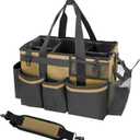 Wearable Cleaning Caddy Organizer with Handle & Shoulder Straps for Housekeepers, Under Sink & Car Cleaning Tool Organizer Bag with 4 Foldable Dividers (Tan)