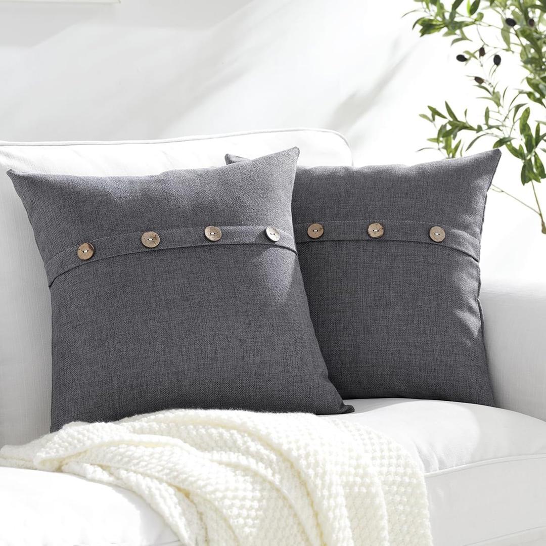 Meekio Set of 2 Dark Gray Square Pillow Covers 18 x 18 Farmhouse Linen Pillow Covers with Coconut Buttons for Sofa Couch Living Room Bedroom Farmhouse Dcor for The Home Housewarming Gifts