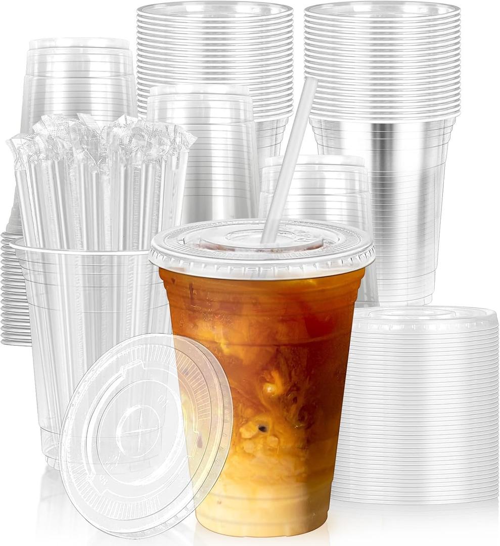 100 Pack 16 oz Disposable Plastic Cups with Lids & Straws, Disposable Iced Coffee Cups, Clear Cold Drink Cups for Party, Events, Smoothies, Milkshake, Iced Coffee, and TO-GO Drinkings Leak-Proof
