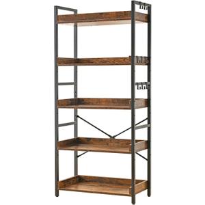 HCHQHS Adjustable 5 Tier Open Bookcase, Rustic Farmhouse Book Shelves, Industrial Wood and Black Metal Bookshelves, Mid Century Bookcase for Home Office Living Room Bedroom