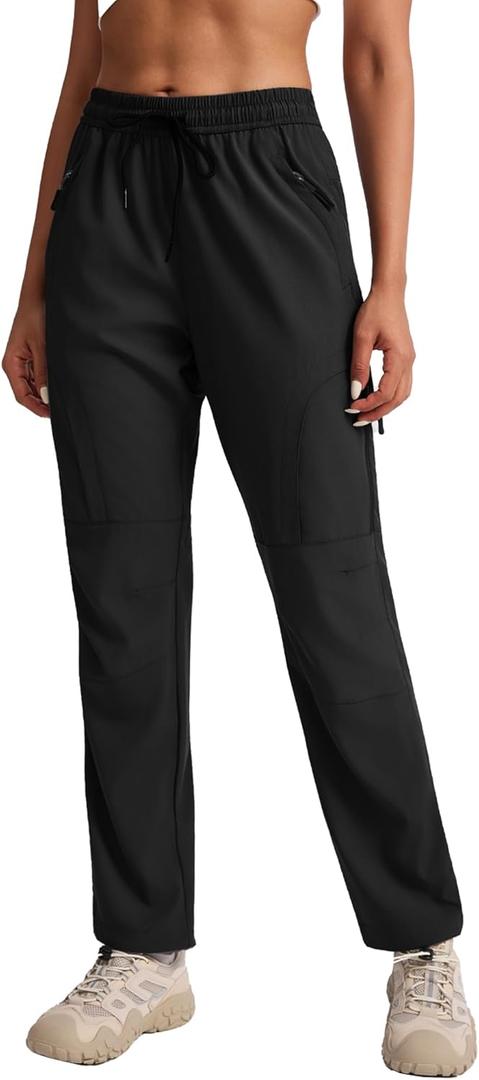 Womens Hiking Pants Quick Dry Water Resistant Lightweight Travel Golf Cargo Safari Pants Zipper Pockets (Black, XL)