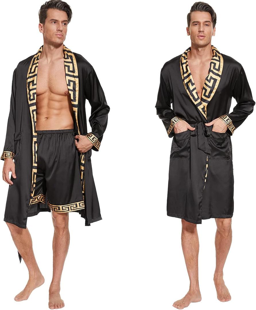 N&D Eyong Men's Luxurious Silk Feeling Bathrobes Long Sleeve Satin Kimono Robe with Shorts Sleepwear Set Printed Bathrobes, 6XL