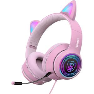 Cat Ear Gaming Headphones Wired AUX 3.5mm with LED Light, VIGROS Flashing Stereo Game Headphones Surround Sound Over-Ear Headsets with Microphone Fit Kids & Adult for PC, PS4, Switch, Mobile, Laptop (Pink)