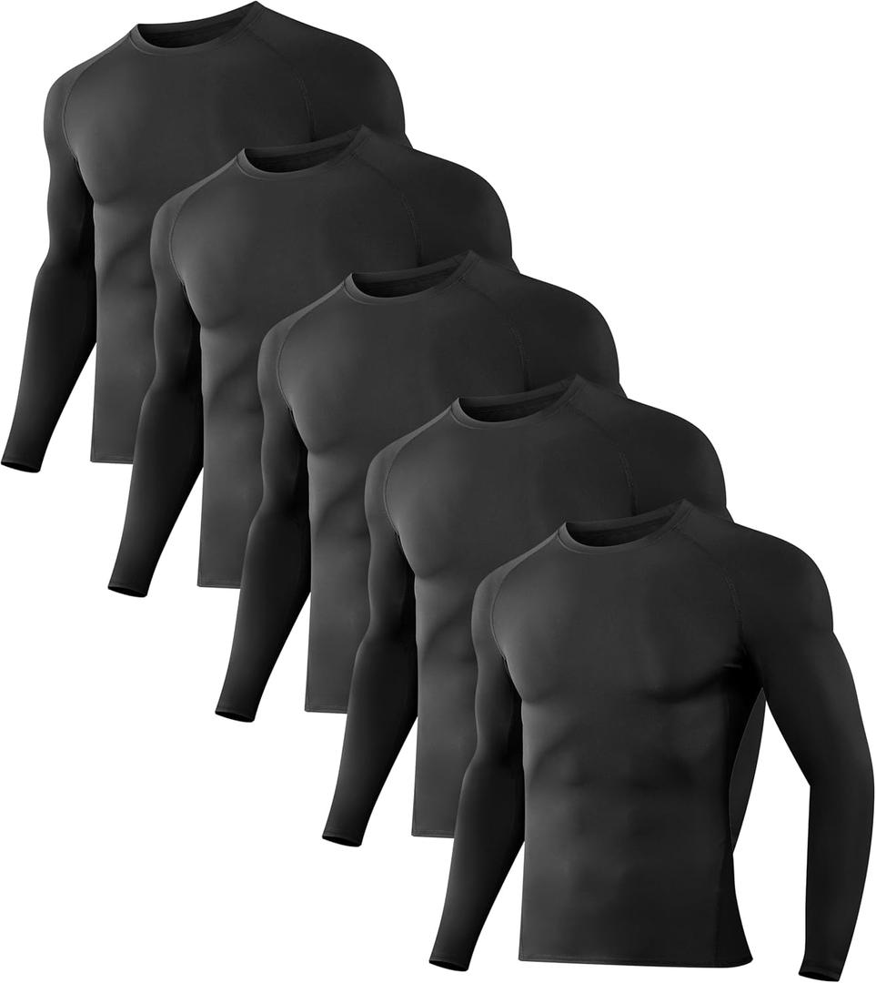 Dalavch 1/5 Pack Mens Compression Shirts Long Sleeve Athletic Workout Rash Guard Gym Active Sports Undershirt Base Layer Top (Black, L)