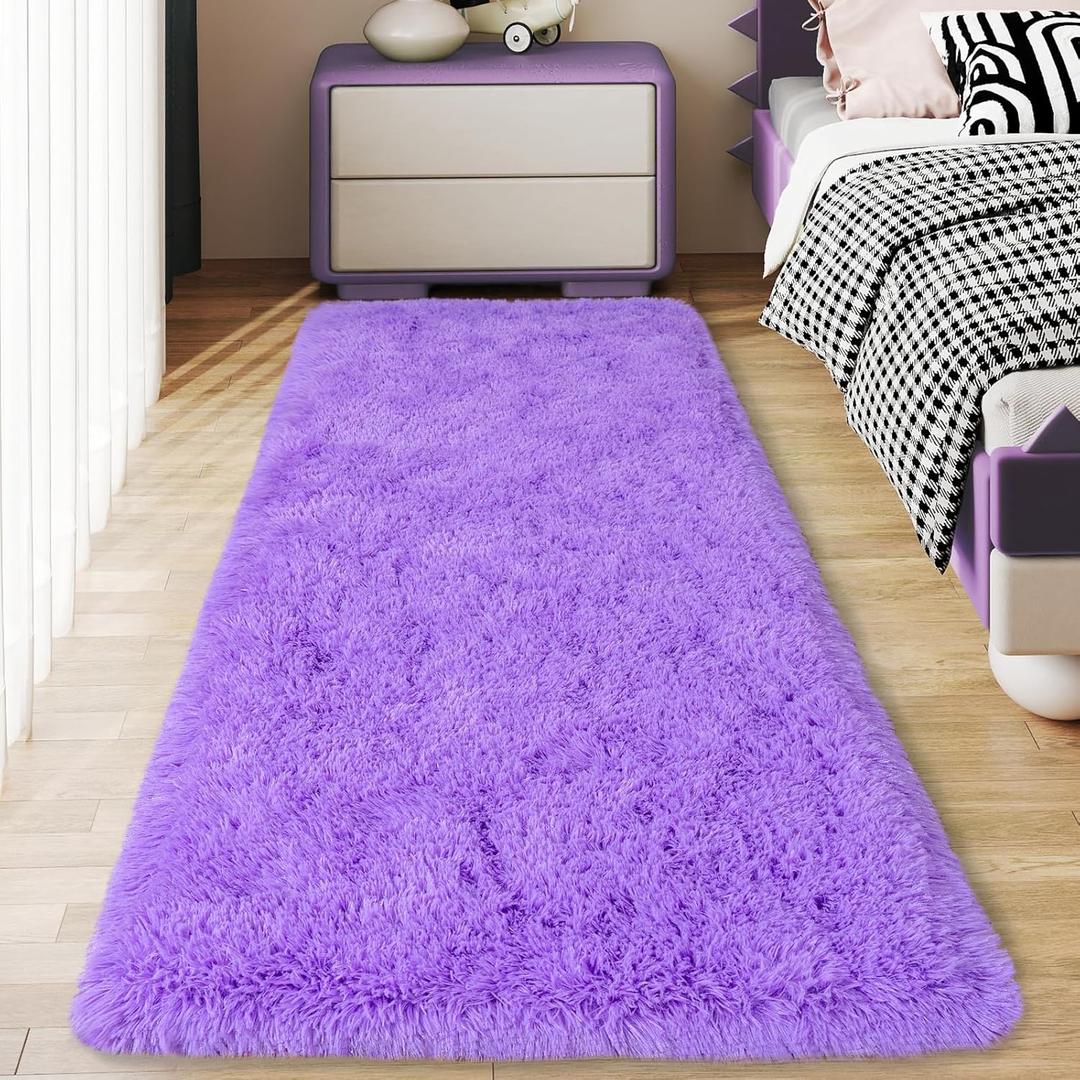 Ultra Soft Runner Rugs for Bedroom Hallways with Upgraded Non-Slip Rubber Backing & Thick Memory Sponge, 2x8 Feet Fluffy Shag Throw Area Rug for Bedside Dorm Light Purple