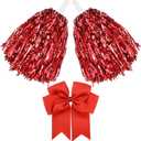 3 Pack 10 in Cheerleading Pom Poms and Large Cheerleader Hair Bow for Girl, Cheer Pompoms Foil Pompoms Hand Flowers for Adults, Kids, Party Dance Sports (Red)