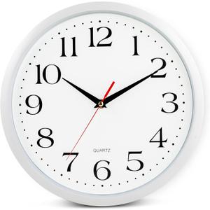 Bernhard Products White Wall Clock Silent Non Ticking, 12 Inch Quality Quartz Battery Operated Round Easy to Read Home/Office/Kitchen/Classroom/School Sweep Clock, Black Hands