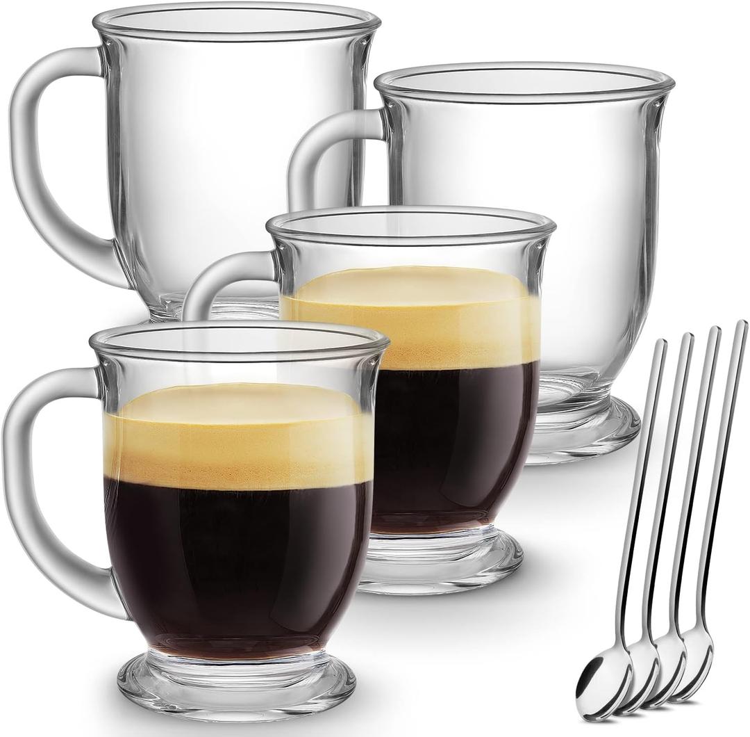 Mfacoy Glass Coffee Mugs Set of 4, Clear Large Coffee Mug 15 Oz With Handles for Hot Beverages, Clear Mugs for Tea, Cappuccino, Latte, Espresso Coffee, Juice, Glass Coffee Cups | Large Coffee Mug, With Handles, for Hot Beverages, Clear Mugs, for Tea, Cappuccino