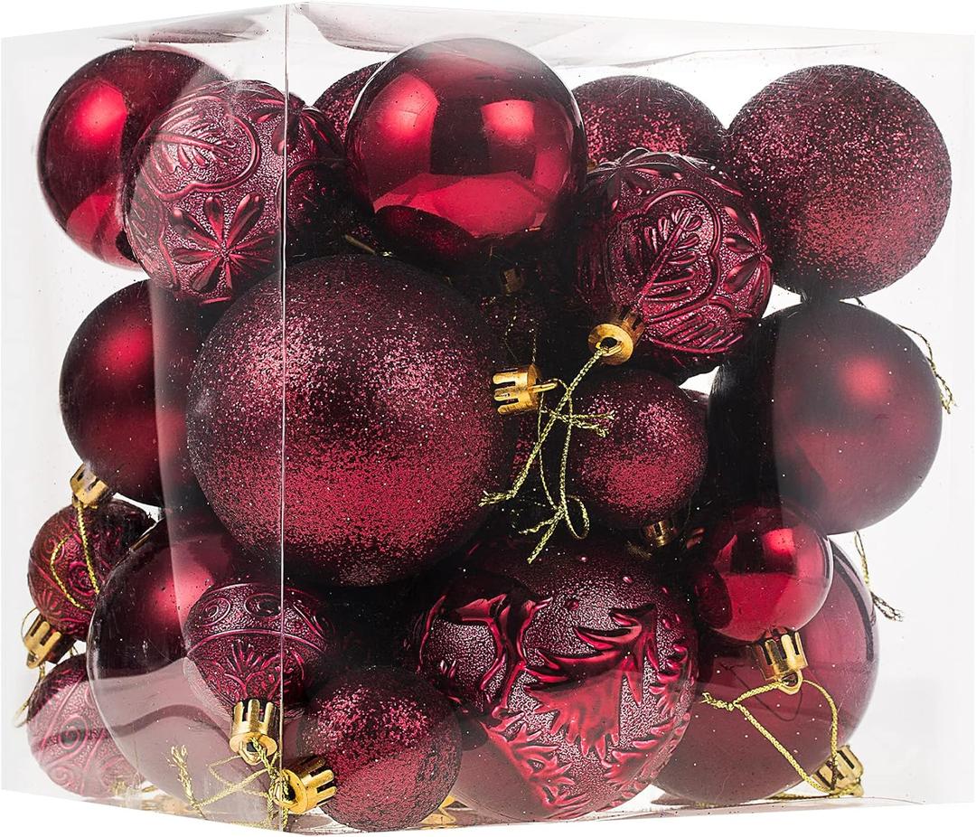 Christmas Ornaments for Xmas Trees,Burgundy Shatterproof Christmas Ball Ornaments (32 pcs)