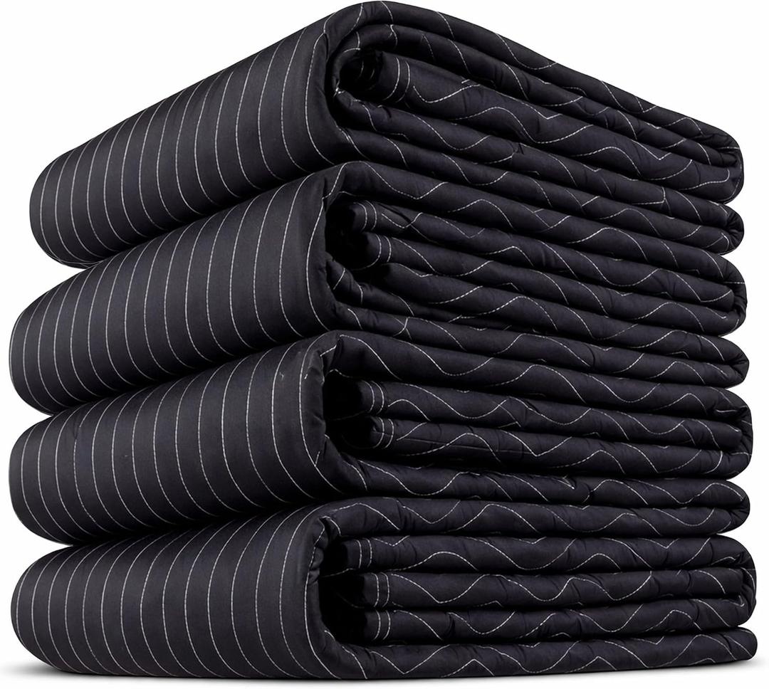US Cargo Control Moving Blankets Heavy Duty 72"x80" 4-Pack (95 lbs/doz), Padded Furniture Blankets for Moving, Shipping, and Storage, Professional Quilted Furniture Pads, Tough Black Polyester, 4 Blankets 80"x72"