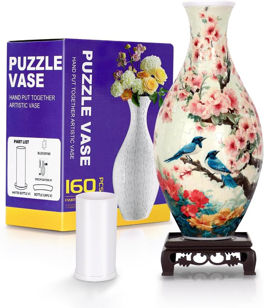 BELEEV 3D Puzzle Vase for Adults, 160 Pieces DIY Plastic Flower Vase, Compatible with Block Flowers, Unique Home & Office Decor, Housewarming and Birthday Gift for Flower Arrangements (Floral Bird)