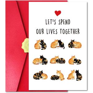 2 x Romantic Valentines Day Card for Cat Lover Him Her, Sweet Cat Valentines Day Card with Red Envelope and Sticker for Husband Wife Spouse, Let's Spend Our Lives Together (#047)