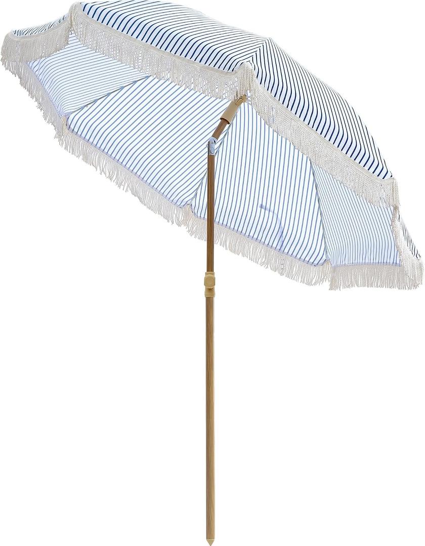 6.5FT Boho Patio Umberlla with Fringe,UPF50+ Outdoor Umbrella with Fiberglass Ribs and Push Button Tilt,Tassels Umbrella for Beach,Terrace,Picnic