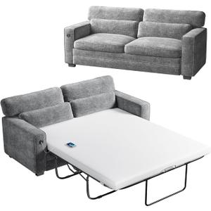 Marsail Pull Out Sofa Bed, Queen Size Sleeper Sofa with Memory Foam Mattress, 2 USB Charging Ports & Removable Covers, Chenille Loveseat Couch for Living Room, Apartment, Light Grey