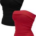 OLCHEE Womens 2PK Tube Tops Off Shoulder Seamless Ribbed Strapless Sleeveless Side Ruched Slim Fitted Summer Going Out Top (Small, Black + Red)
