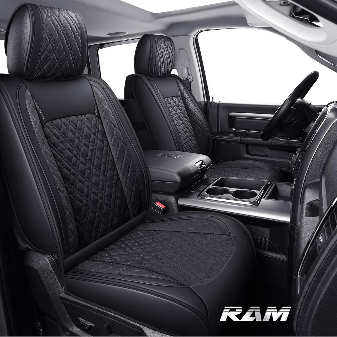 YIERTAI 5pcs Car Seat Covers Compatible with Dodge Ram Custom Fit 2009-2024 1500 2010-2024 2500 3500 Pickup Classic Laramie Bighorn Mega Cab Limited Longhorn Waterproof Leather, Full Set Black