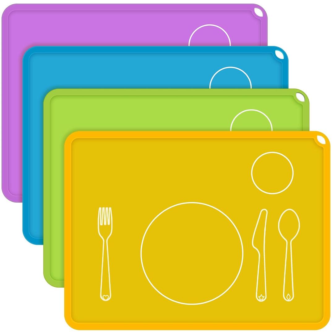 Zhehao 4 Pcs Montessori Kids Placemat 16 x 12'' Non Slip Baby Silicone Placemats for Toddlers Baby Eating Mat Food Mats for Toddler Dining Table Setting Learning Travel Kitchen (Light Colors)