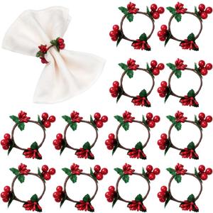 Napkin Rings Set of 12, Christmas Napkin Ring Serviette Holders Handmade Red Berry Table Decorations for Wedding Christmas Thanksgiving New Year Valentine's Banquet Birthday Party