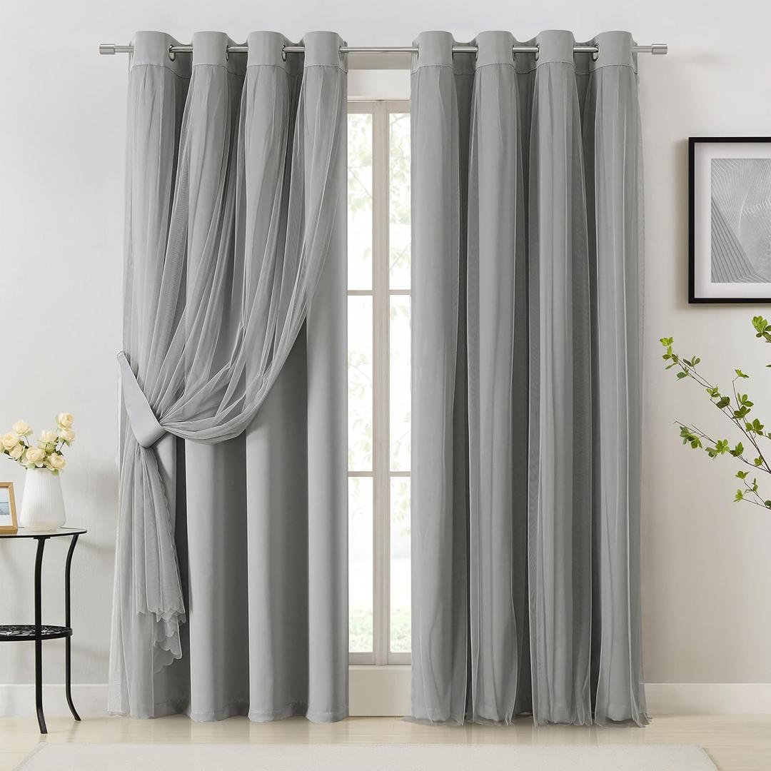 Bujasso Grey 90% Blackout Curtains with Sheer Overlay Mix and Match Double Layer Window Curtains Thermal Insulated 84 inch for Living Room Bedroom Gray Drapes with Tiebacks Grommet Top 54" Wx84 Lx2