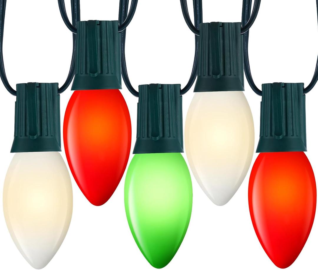 Minetom Outdoor Christmas Lights, 50 FT Vintage Red Green and White C9 Christmas String Lights for Christmas Holiday Indoor Room Roofline Backyard Garden Patio Home Decor, E17 Base, Green Wire (50FT, Red Green Pure White)