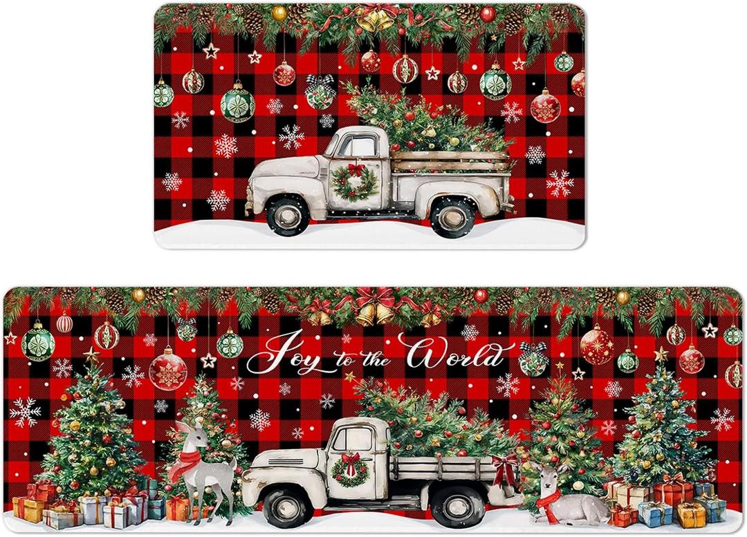 Christmas Rugs for Kitchen Floor, Red Buffalo Plaid Christmas Truck Mats for Kitchen Floor Rubber Non Slip, 2PCS Farmhouse XmasTree Kitchen Mat Cushioned for Room Doorway 15.7"27.5" +15.7"47"