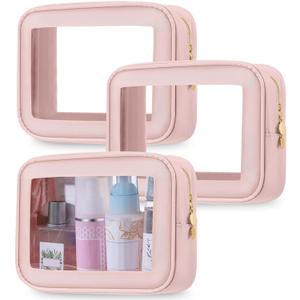 Abbylike 3 Pcs Clear Makeup Bags Travel Cosmetic Organizer Case Nylon Toiletry Bag with Zipper PVC Transparent Makeup Pouch Portable Storage Car Essentials for Women Gifts(Pink) (Small)