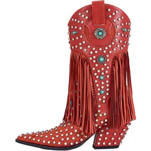 sexytag Fringe Cowboy Boots Rhinestone Embellishments Mid Calf Cowgirl Boots Turquoise Flower Studded Western Booties. 41 Size