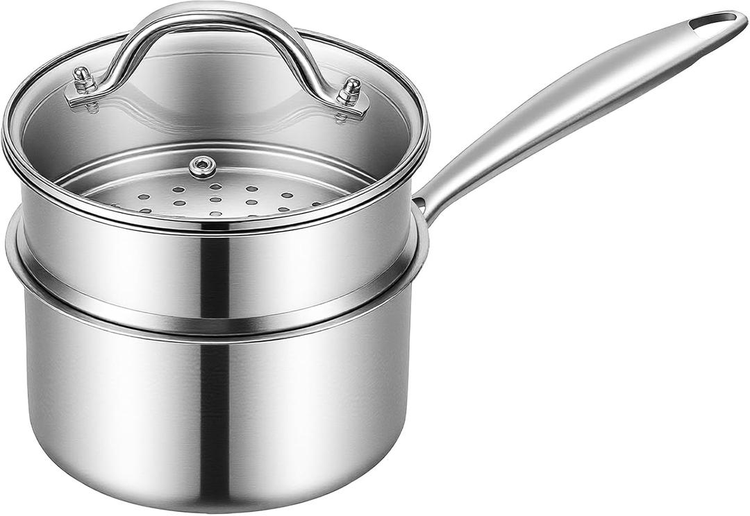 Ohtomber Tri-Ply Steamer for Cooking - Stainless Steel 3 Qt Saucepan with Lid, Medium Kitchen Induction Cooking Pot with Vegetable Food Steamer Basket, Non Stick Sauce Pan with Stay-Cool Handle