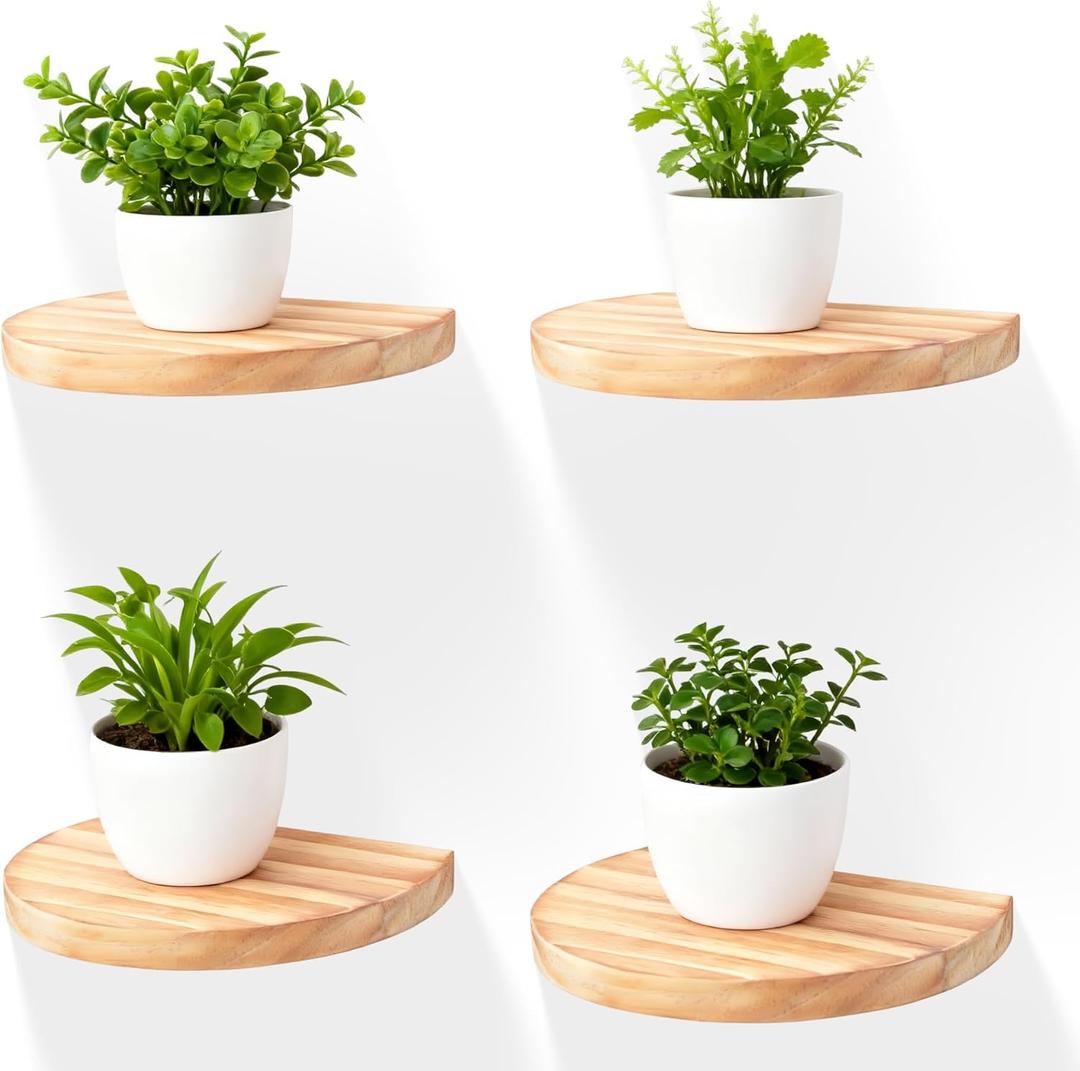 Small Wood Floating Shelves (4-Pack, 6-inch Diameter) - Round Sturdy Invisible Wall Mount Display for Small Plants,Toys,Bathroom,Living Room Storage & Modern Rustic Dcor (Carbonized Brown)