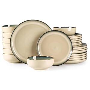 GBHOME Ceramic Dinnerware Sets for 8, 24 Pieces Stoneware Plates and Bowls Sets, Reactive Glaze Dishes -Scratch Resistant, Dishwasher&Microwave Safe, Pale Khaki