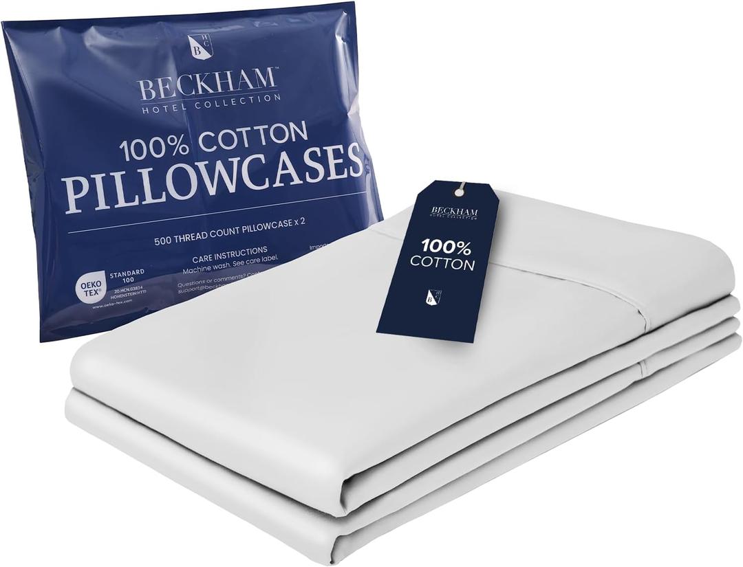 Beckham Hotel Collection 100% Cotton Pillow Cases King Size Set of 2, 500TC, Luxury Sateen Pillowcases, Open End, Breathable, Moisture-Wicking, White