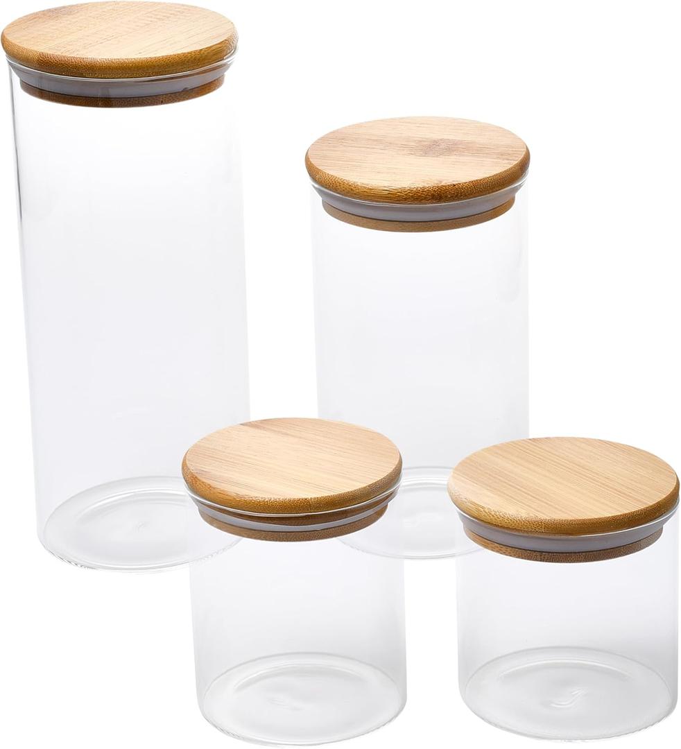 WHOLE HOUSEWARES Glass Jars with Bamboo Lids - 4-Piece Modular Set (33.8oz, 25.4oz, 15.2oz, 11.2oz) with Modern Wooden Lids - Transparent, Fresh & Convenient Air Tight Pantry Storage Containers