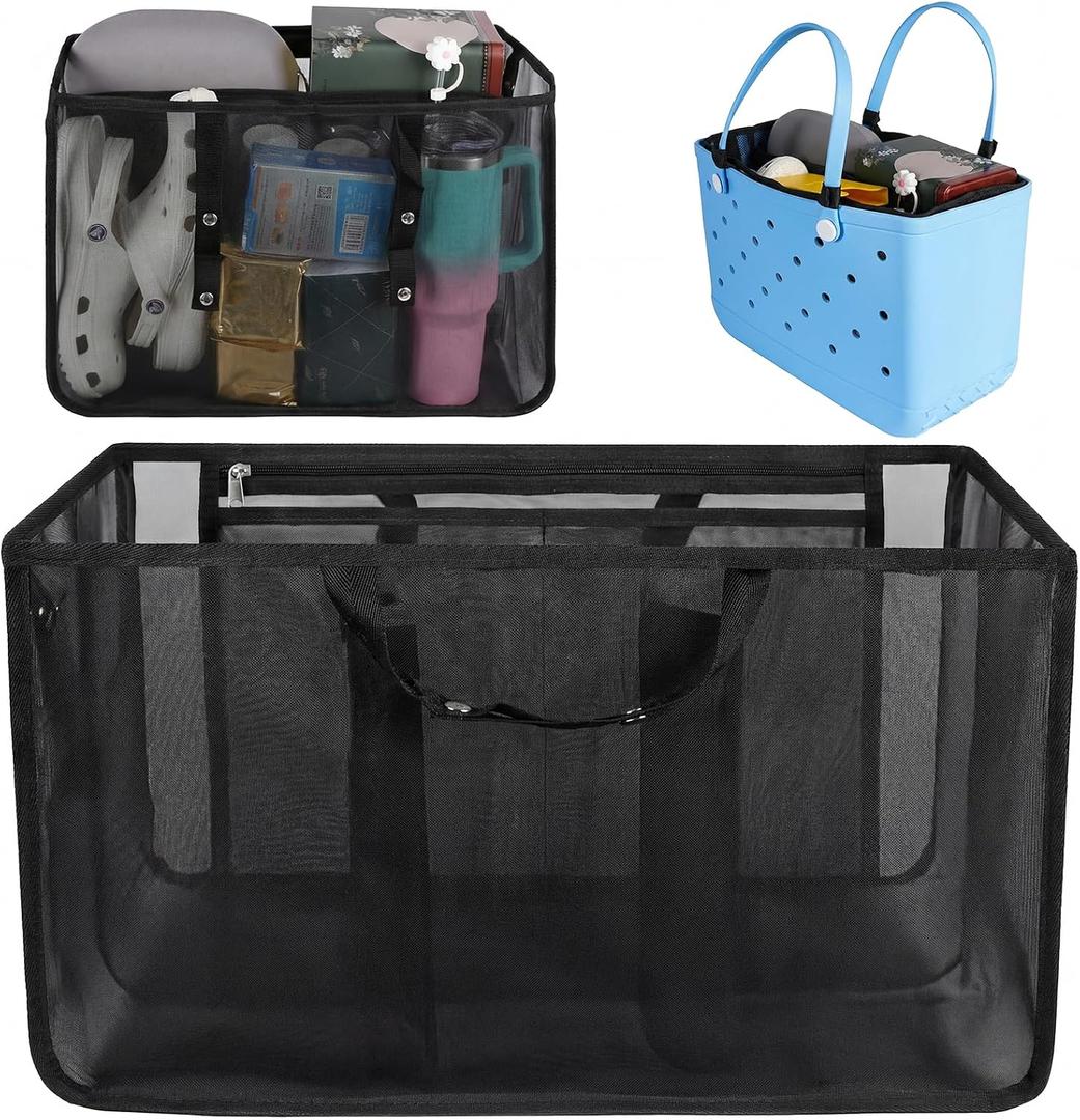 Beach Bag Organizer for Bogg Bag, Tote Bag Organizer Insert, Lightweight Mesh Divider with Zipper Pocket & 7 Compartments, Accessories Insert for XL Bogg Tote (Black, X-Large)