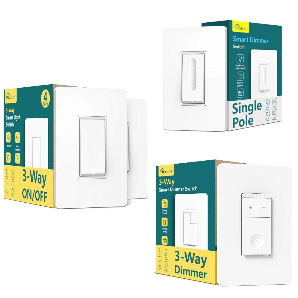 Set of 3: TREATLIFE 3 Way Smart Switch 2 Pack, 2.4GHz WiFi Smart Light Switch 3 Way, Works with Alexa, Google Home and SmartThings, Remote Control, FCC, Schedule, Neutral Wire Required + TREATLIFE 3 Way Smart Dimmer Switch, Smart Switch Compatible with Alexa and Google Assistant, 2.4GHz WiFi Light Switch, Schedule, Neutral Wire Needed, No Hub Required, 1 Pack + Treatlife DS01C -Smart Dimmer WiFi Light Switch - White
