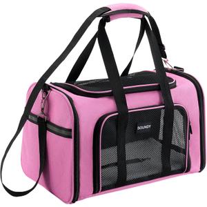 Soundy Large Cat Carrier Dog Carrier Under 25 Lbs,Collapsible Ventilated Portable Pet Bag with Soft Sided Breathable Mesh for Long Car Trips Maxi Load 2 Kittens or Small, Medium Dog (Large Pink)