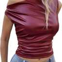 Women's Off Shoulder PU Leather Tank Top Sleeveless Slim Fit Crop Tops Elegant Y2K Clubwear (Red)