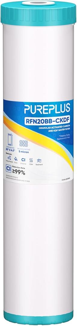 PUREPLUS 20"x4.5" Whole House KDF Water Filter, Heavy Metal Removal, 1 Pack